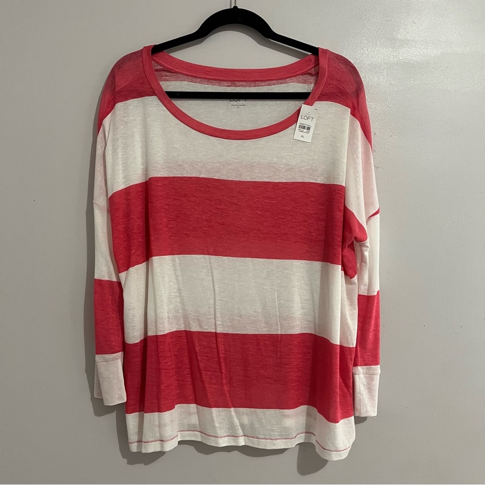 LOFT T shirt XL NEW Pink and white striped Boxy 3/4 Sleeve top